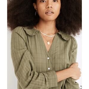 Madewell Ruffle-Collar Button-Up Shirt in Syril Plaid Size 14 Palm Olive Green